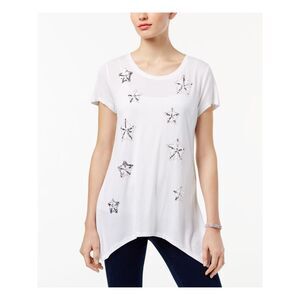 INC Womens White Beaded Stars Short Sleeve Jewel Neck Top Size: M